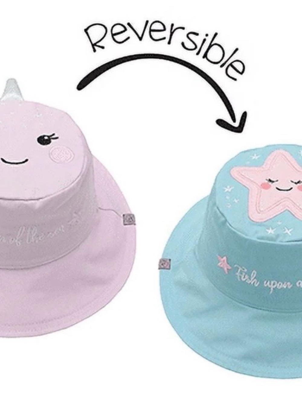 FlapJackKids Reversible Kids Bucket Hat - Pink & Blue Star/Unicorn Design
